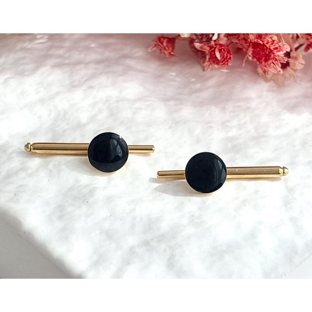 Faux Black Onyx Minimalist Stone Silver Toned Vintage Men's Cuff Links